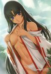  1girl breasts cleavage eiwa female highres japanese_clothes long_hair looking_at_viewer midriff miko open_clothes open_shirt panties queen&#039;s_blade queen's_blade shirt shrine_maiden solo tomoe underwear 