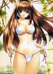  am-dvl android bikini breasts brown_hair cleavage green_eyes highres large_breasts long_hair robot_ears serio side-tie_bikini solo swimsuit to_heart undressing water 