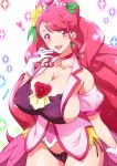  1girl artist_name bare_shoulders breasts choker cleavage collarbone covered_nipples cowboy_shot cure_grace earrings eyebrows_visible_through_hair eyelashes flower gloves hair_flower hair_ornament hanadera_nodoka hand_up healin&#039;_good_precure heart jewelry joy_ride lipstick long_hair looking_at_viewer makeup no_bra no_panties older open_mouth panties pink_eyes pink_hair precure purple_panties shiny shiny_hair shiny_skin skindentation smile solo sparkle underwear upper_teeth very_long_hair white_background white_gloves wide_hips yellow_flower 