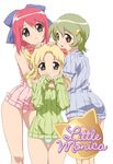  :d bangs blonde_hair blue_panties blush bow celia_(little_monica_monogatari) clenched_hands copyright_name cover dvd_cover earrings flat_chest from_behind green_eyes green_hair green_shirt hair_between_eyes hair_bow hair_ornament hair_ribbon hairclip hand_on_another's_head head_tilt highres hug jewelry jpeg_artifacts kneepits lace lace-trimmed_panties little_monica_monogatari looking_at_viewer looking_back may_(little_monica_monogatari) multiple_girls no_pants official_art open_mouth orange_eyes panties pink_hair pink_panties purple_eyes ribbed_sweater ribbon satsumaya_jouki shirt short_hair short_twintails siblings simple_background sisters size_difference sleeveless sleeveless_shirt sleeves_past_wrists smile standing sweater thigh_gap tina_(little_monica_monogatari) turtleneck twintails underwear white_background 