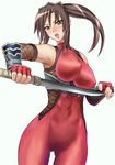  blush bodysuit breasts brown_eyes brown_hair cameltoe covered_nipples elbow_gloves gauntlets gloves huge_breasts knife metadora navel ninja skin_tight solo soulcalibur spandex sword taki_(soulcalibur) thighs weapon 