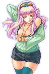 blue_eyes breasts cleavage fura hairband jewelry large_breasts long_hair macross macross_frontier necklace pink_hair sheryl_nome shirt_pull shorts smile solo sunglasses thighhighs 