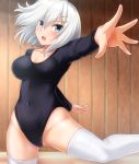  1girl ballet black_leotard blush breasts cleavage collarbone groin hair_between_eyes hair_ornament hairclip hamakaze_(kantai_collection) highleg indoors kantai_collection leotard long_sleeves looking_at_viewer medium_breasts open_mouth reaching_out short_hair silver_hair solo thighhighs thighs upper_body white_legwear wooden_floor wooden_wall zanntetu 
