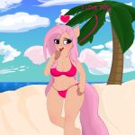  anthro beach big_breasts bikini blue_eyes blush breasts clothed clothing english_text equid equine fangs female fluttershy_(mlp) foxfoxplz friendship_is_magic hair long_hair mammal my_little_pony navel outside palm_tree pink_hair pterippus seaside standing swimsuit text tongue tree wide_hips 