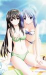  :o akishima_kanako bandeau beach bikini black_hair blue_hair blush breasts chocolat_maid_cafe_curio cleavage day front-tie_top highres medium_breasts multiple_girls navel nekonyan oomura_midori outdoors swimsuit yuri 