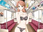  1girl bow bowtie_panties bra game_cg lace-trimmed_bra lingerie navel panties public solo subway train train_interior underwear 