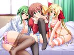  1600x1200 3girls bed blonde_hair blue_eyes blush bow breasts brown_hair cleavage condom condom_in_mouth condom_packet_strip condom_wrapper green_eyes green_hair highres kamishiro_haruna koi_q! legwear long_hair midriff mouth_hold multiple_girls niizato_misaki open_clothes open_shirt panties pantyhose red_eyes school_uniform seifuku serafuku shirt stockings striped striped_legwear striped_panties striped_thighhighs thighhighs underwear uniform usami_asuka yuyi 