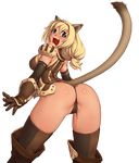  absurdres animal_ears ass blonde_hair blue_eyes blush cameltoe cat_ears cat_tail fang final_fantasy final_fantasy_xi gochou_(kedama) hairband highres long_hair mithra open_mouth slit_pupils solo tail thighhighs transparent_background 