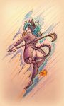  2018 annabel_(bitkat) anthro black_fur blue_hair butt domestic_cat feet felid feline female fur hair looking_back mammal nude showing solo traditional_media_(artwork) white_fur yourfavoritelemonade 