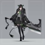  1girl absurdres armband bangs black_footwear black_gloves black_hair black_legwear black_skirt bow buttons chains cow_tail fur_trim gloves green_bow green_eyes green_hair hair_ornament hair_over_one_eye hairclip highres holding holding_sword holding_weapon horns huge_weapon jacket jiang1274 medium_hair multicolored_hair multiple_arms name_tag original pocket skirt solo standing sword tail thighhighs uniform weapon 