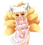  apron blonde_hair blush breast_squeeze breasts cleavage embarrassed fang hat highres kazami_karasu large_breasts multiple_tails naked_apron open_mouth render short_hair solo tail tears touhou yakumo_ran yellow_eyes 