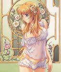  ahoge areola_slip areolae art_nouveau blue_eyes blush bow bow_panties breasts camisole felicia_alto_rectandoll flower frilled_panties frills hair_flower hair_ornament highres kinutani_akira la_vie_de_chateau large_breasts lingerie long_hair midriff navel orange_hair panties rose see-through solo standing strap_slip thigh_gap thorns underwear underwear_only white_panties 