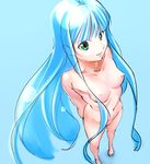  bad_id bad_pixiv_id barefoot blue_hair breasts copyright_request foreshortening from_above green_eyes long_hair looking_at_viewer nude p.k. solo 