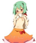  bandaid bandaids_on_nipples blush chinchickrin flat_chest green_hair macross macross_frontier mouth_hold pasties ranka_lee red_eyes shirt_lift simple_background skirt solo white_background 