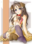  animal_ears blue_eyes blush braid breasts brown_hair collar copyright_request highres leash long_hair nude setouchi_kurage side_braid sitting small_breasts solo tail thighhighs 