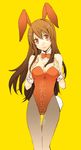  animal_ears asahina_mikuru breast_squeeze breasts brown_eyes brown_hair bunny_ears bunny_girl bunnysuit large_breasts logicon long_hair pantyhose solo suzumiya_haruhi_no_yuuutsu 