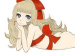  ass bad_id bad_pixiv_id blonde_hair blue_eyes copyright_request hair_ribbon hntk long_hair lying nail_polish naked_ribbon nude red_nails ribbon solo 