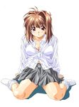  blush bra breasts brown_hair buttons dress_shirt ecchi female footwear full_body illustrated_collection kawai_rie lovers minasika red_eyes simple_background skirt socks solo taki_minashika underwear wariza white_background 