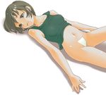  blue_eyes bottomless brown_hair copyright_request inuburo lowres lying maebari navel no_panties short_hair simple_background solo white_background 