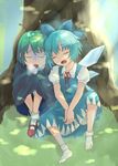  against_tree antennae bad_id bad_pixiv_id blue_hair bow breath cirno cold dappled_sunlight drooling green_hair ice light_rays multiple_girls nanai_(ayinusu00) outdoors ribbon shade sunbeam sunlight touhou tree tree_shade under_tree wings wriggle_nightbug 