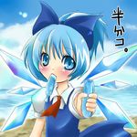  bad_id bad_pixiv_id blue_hair cirno food ice_cream lowres ribbon solo takamoto_akisa touhou wings 