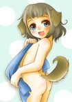  animal_ears ass back blue_eyes blush copyright_request covering fangs happy highres looking_back nude setouchi_kurage short_hair solo tail 