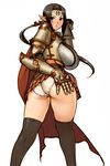  armor ass ass_grab black_hair black_legwear blush breasts brown_eyes circlet elf gauntlets huge_breasts kanda_(ura-kanda) long_hair looking_back lord_knight panties pointy_ears ponytail ragnarok_online standing thighhighs thighs underwear white_panties 