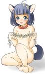  animal_ears bad_id bad_pixiv_id blue_eyes blue_hair blush collar copyright_request covering feet flower nude setouchi_kurage short_hair sitting solo tail 