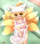  apron blonde_hair blush breast_squeeze breasts cleavage embarrassed fang hat kazami_karasu large_breasts multiple_tails naked_apron open_mouth short_hair solo tail tears touhou yakumo_ran yellow_eyes 