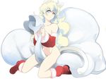  1girl animal_ears boots cat_ears cat_girl cat_tail christmas cloud_hair curly_hair detached_sleeves full_body fur-trimmed_boots fur-trimmed_sleeves fur_trim kanke_(yonkuma) kemonomimi_mode long_hair looking_at_viewer nia_teppelin nude red_sleeves santa_boots santa_costume simple_background solo source_request tail tengen_toppa_gurren_lagann very_long_hair white_background 