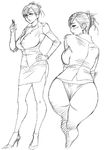  ass bottomless breasts business_suit copyright_request curvy formal glasses greyscale hair_bun hand_on_hip high_heels huge_breasts jacket looking_back mature monochrome pencil_skirt shoes sketch skirt skirt_suit source_request standing strappy_heels suit tatsunami_youtoku wide_hips 