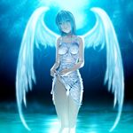  angel angel_wings bad_id bad_pixiv_id blue blue_hair breasts green_eyes large_breasts lips no_bra no_panties original outdoors rezi see-through shiny shiny_clothes short_hair solo thigh_gap water wet wet_clothes wings 