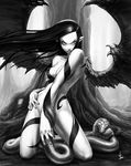  demon_girl greyscale kometani_hisanobu monochrome nude original solo wings 