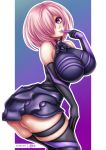  1girl ass bare_shoulders breasts closed_mouth elbow_gloves fate/grand_order fate_(series) gloves hair_over_one_eye large_breasts lips mash_kyrielight matching_hair/eyes pink_eyes pink_hair sevie short_hair solo thighhighs 