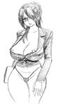  breasts business_suit cleavage contrapposto copyright_request curvy formal glasses greyscale hair_over_one_eye huge_breasts monochrome nipple_slip nipples no_pants panties sketch solo source_request standing suit tatsunami_youtoku thong underwear wide_hips 