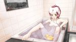  bad_id bad_pixiv_id barefoot bath breasts convenient_censoring copyright_request earbuds earphones feet medium_breasts moriyama_yuuki nipples nude pink_hair rubber_duck solo steam toe-point toes water window yellow_eyes 