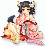  animal_ears barefoot black_hair copyright_request feet hair_ornament japanese_clothes kimono purple_eyes setouchi_kurage short_hair sitting smile solo tail 