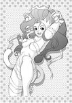  animal_ears armpits arms_up big_hair fangs felicia fur greyscale happy highres long_hair monochrome paws setouchi_kurage solo tail vampire_(game) 