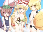  animal_ears bikini black_school_swimsuit blonde_hair breasts brown_eyes brown_hair cat_ears cat_tail chen cleavage earrings fang fox_ears fox_tail hair_ribbon hat jewelry large_breasts long_hair multiple_girls multiple_tails one-piece_swimsuit parasol purple_eyes ribbon ry school_swimsuit swimsuit tail touhou umbrella yakumo_ran yakumo_yukari yellow_eyes 