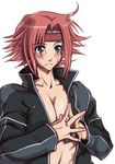  black_jacket blush breasts cleavage code_geass green_eyes headband jacket kallen_stadtfeld large_breasts no_bra open_clothes open_shirt order_of_the_black_knights_uniform red_hair shirt solo steepled_fingers sweatdrop yoshijima_ataru 