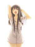  armpit_peek breasts brown_eyes brown_hair cleavage jirou_(chekoro) large_breasts nightshirt one_eye_closed original see-through shirt solo unbuttoned yawning 