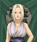  arms_at_sides bare_shoulders breasts cleavage closed_mouth collarbone curtains gem green_eyes headpiece japanese_clothes jewelry kimono large_breasts light_smile lips logo looking_at_viewer naruto naruto_(series) pendant rogie_custodio short_hair sleeveless solo tsunade upper_body 