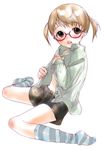  blush brown_eyes brown_hair copyright_request glasses inuburo short_hair shorts socks solo striped striped_legwear twintails undressing 