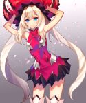  1girl arms_up blue_eyes boots dress fate/grand_order fate_(series) floating_hair gloves grey_background hair_between_eyes hat highres long_hair looking_at_viewer marie_antoinette_(fate/grand_order) red_dress red_gloves red_hat shiny shiny_hair short_dress silver_hair simple_background sleeveless sleeveless_dress smile solo thigh_boots thighhighs twintails very_long_hair white_footwear wokome 