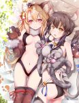  2girls animal_ears bell black_hairband black_leotard blonde_hair blue_ribbon breasts brown_hair brown_legwear cat_ears cat_tail choker cleavage elbow_gloves eyebrows_visible_through_hair fake_animal_ears fate/kaleid_liner_prisma_illya fate_(series) fur-trimmed_gloves fur_trim gloves grey_gloves hair_between_eyes hair_ornament hairband hairclip highres illyasviel_von_einzbern leotard long_hair looking_at_viewer medium_breasts miyu_edelfelt multiple_girls mutang navel open_mouth paw_gloves paws ponytail red_eyes red_ribbon revealing_clothes ribbon smile tail thighhighs very_long_hair yellow_eyes 