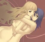  ar_tonelico ar_tonelico_ii ass blonde_hair blue_eyes blue_hair breast_press breasts chroche_latel_pastalie highres hug large_breasts luca_truelywaath multiple_girls nagi_ryou nude official_art one_eye_closed simple_background smile yellow_eyes yuri 