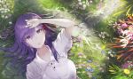  1girl arm_up artist_name blue_flower collarbone day dress_shirt eyebrows_visible_through_hair fate/stay_night fate_(series) flower foxiecsc grass hair_between_eyes hair_ribbon long_hair looking_at_viewer lying matou_sakura on_back outdoors parted_lips pink_flower purple_eyes purple_flower purple_hair red_ribbon ribbon shirt short_sleeves solo upper_body watermark white_flower white_shirt yellow_flower 