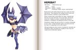  animal_ears bat_ears bat_wings belt beltbra blue_hair blush character_profile elbow_gloves english fang fur gloves hair_over_eyes hard_translated kenkou_cross monster_girl monster_girl_encyclopedia navel official_art open_mouth petite solo text_focus translated werebat wings 