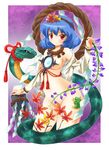 blue_hair frog hair_ornament leaf leaf_hair_ornament michii_yuuki nude red_eyes snake solo touhou yasaka_kanako 