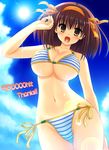  bikini blush breasts brown_eyes brown_hair day hairband huge_breasts side-tie_bikini solo striped striped_bikini suzumiya_haruhi suzumiya_haruhi_no_yuuutsu swimsuit uehiro underboob 